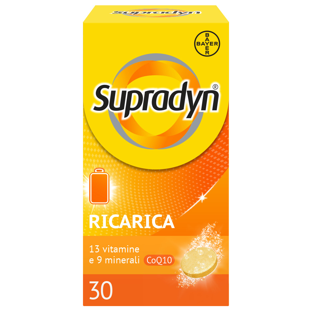 Supradyn Ricarica Integratore Multivitaminico Completo con Vitamine A, B, C, D, E, K, Minerali e Coenzima Q10 contro la Stanchezza, Gusto Arancia, 30 Compresse Effervescenti