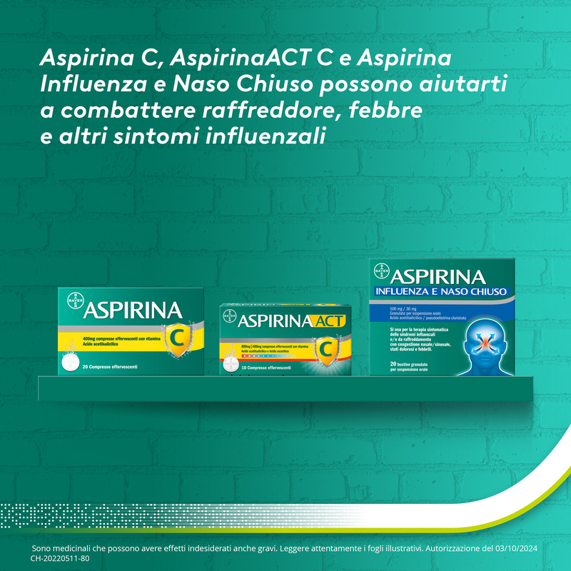 Aspirina ACT C antinfiammatorio e antidolorifico per Febbre e Sintomi Influenzali con Vitamina C 10 Compresse Effervescenti 
