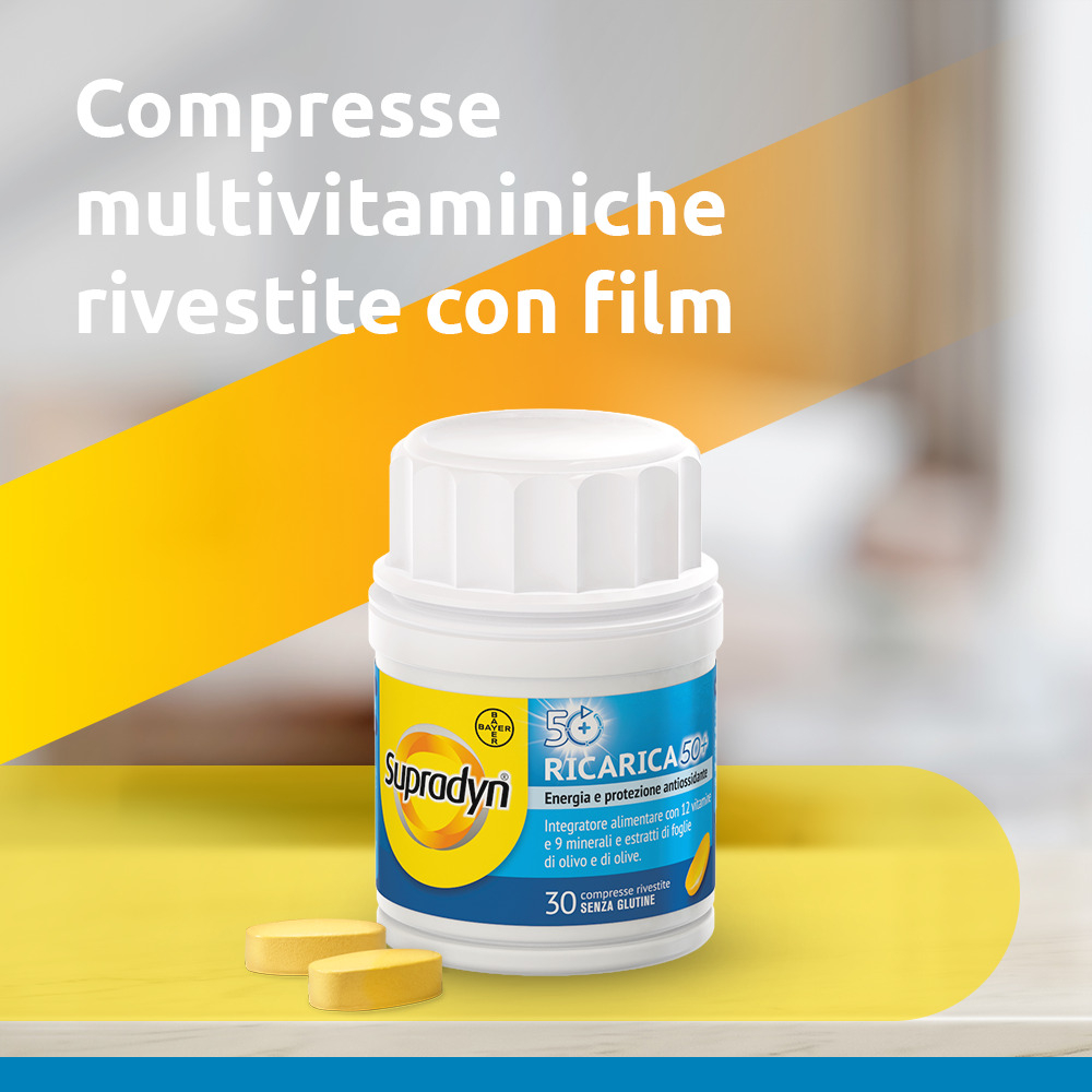 Supradyn Ricarica 50+ Integratore Multivitaminico con Vitamina C, Vitamina D, Minerali, Antiossidanti contro la Stanchezza Fisica e invecchiamento, Gusto Arancia, 30 Compresse Rivestite