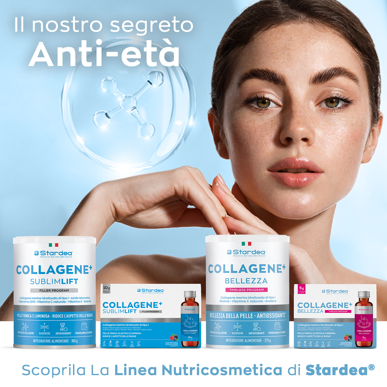 STARDEA COLLAGENE + SUBLIMLIFT SHOT DA BERE - INTEGRATORE ALIMENTARE  a base di 10G di collagene marino DI TIPO 1 E ACIDO IALURONICO PER LA BELLEZZA DELLA PELLE