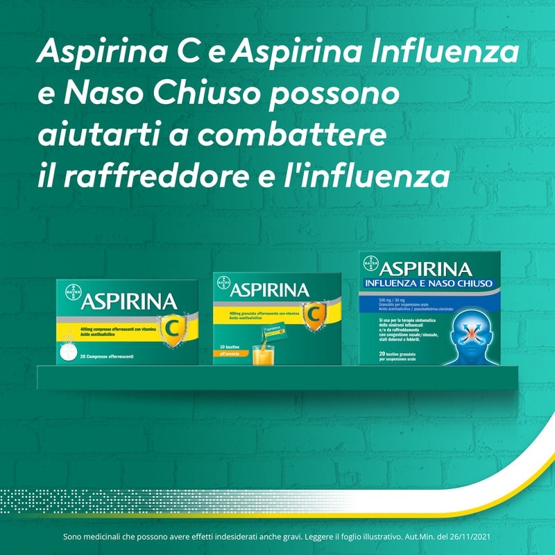 Aspirina C, contro sintomi di Raffreddore, Influenza e Febbre, 400 mg di Acido Acetilsalicilico + 240 mg di Vitamina C, antinfiammatorio e analgesico, Gusto Arancia, 10 Bustine