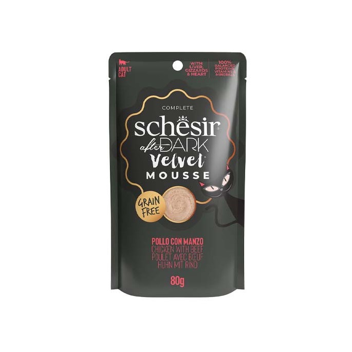 SCHESIR GATTO DARK VELVET MOUSSE ADULT POLLO MANZO 80GR (bustina)