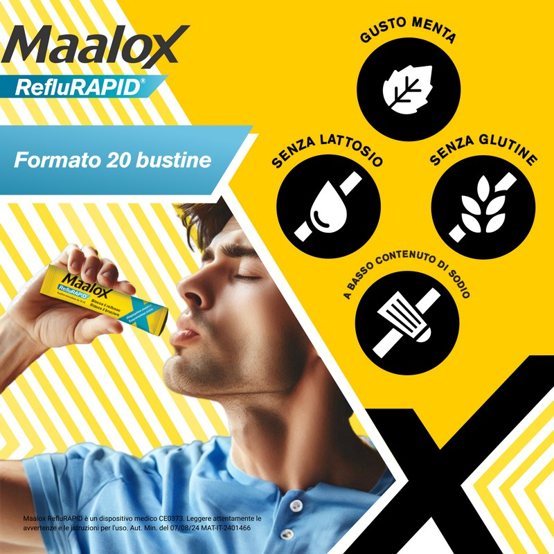 Maalox Reflurapid blocca il reflusso, riduce il bruciore, 20 bustine