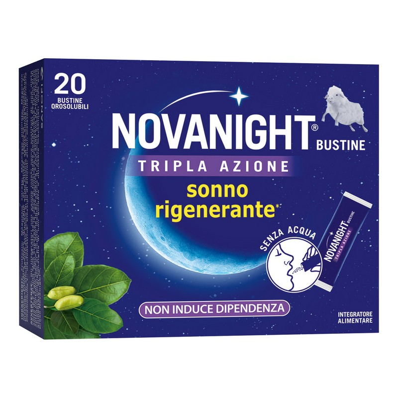 NOVANIGHT Tripla Azione, Integratore Alimentare con Melatonina per Dormire, Magnesio e Griffonia, Senza Glutine, 20 Bustine Orosolubili al Gusto Camomilla e Agrumi