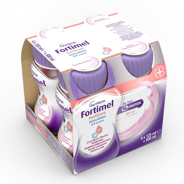 Nutricia Fortimel Forticare Sensations, Lampone Rinfrescante, Ipercalorico e Iperproteico, 4x125ml