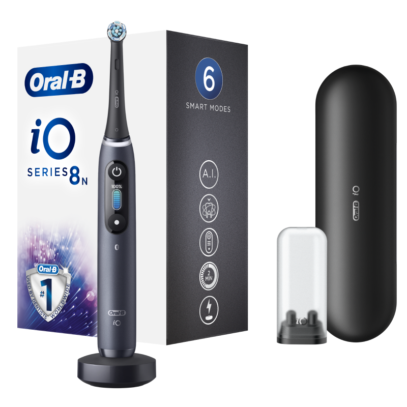 Oral-B iO - 8n - Spazzolino Elettrico Ricaricabile Nero con Tecnologia Magnetica Rivoluzionaria e Display a colori + Custodia da Viaggio Primium