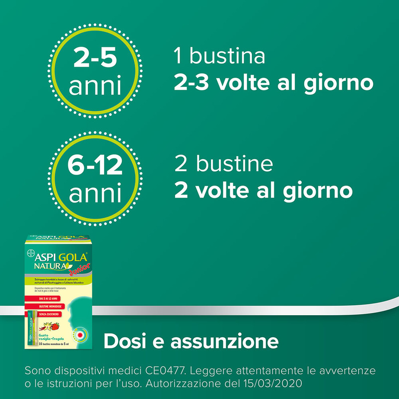 Aspi Gola Natura Junior Sciroppo per bambini, a base di estratti naturali, contro Mal di Gola e Tosse associata, Gusto Vaniglia e Fragola, 16 Bustine Monodose da 5ml