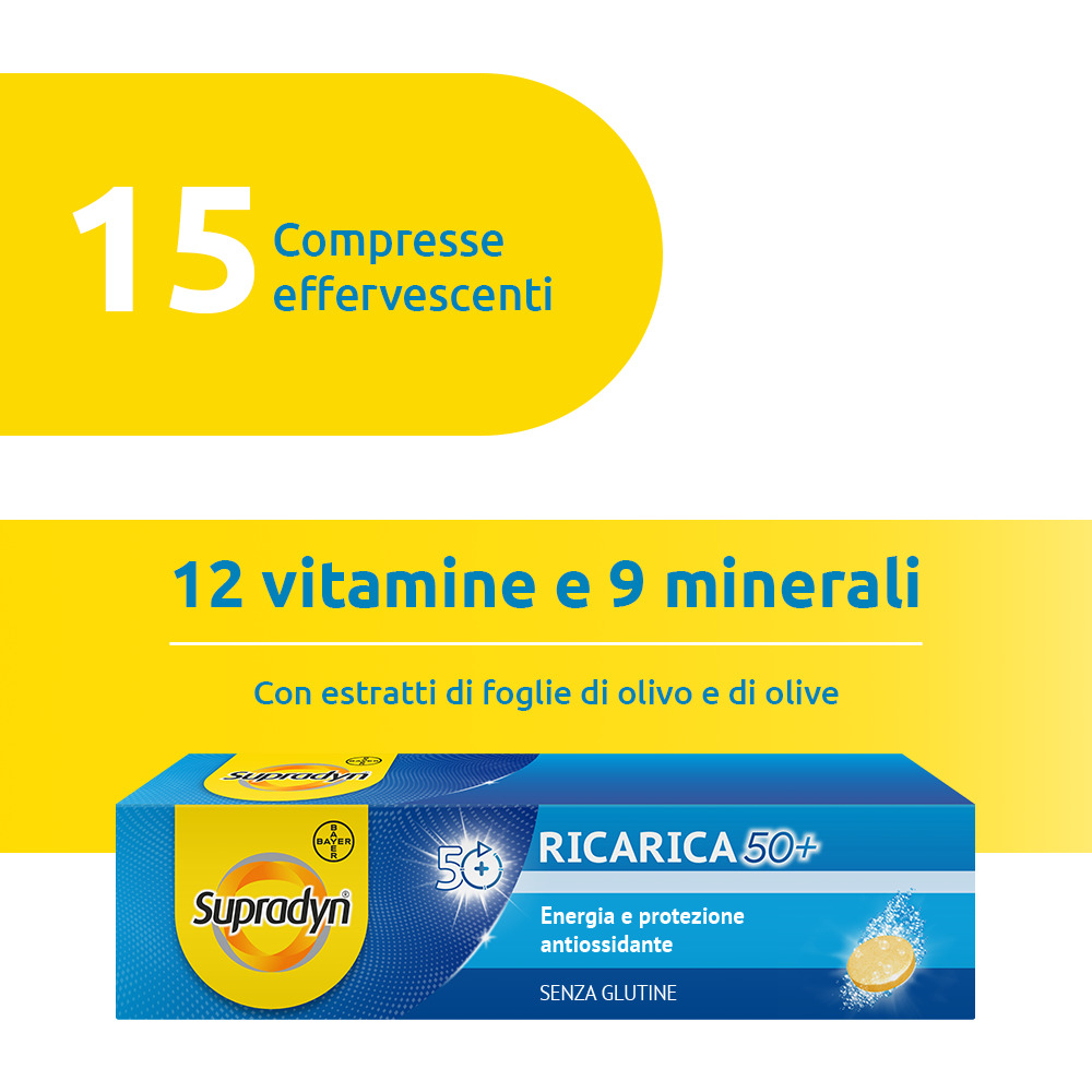 Supradyn Ricarica 50+ Integratore Multivitaminico con Vitamina C, Vitamina D, Minerali, Antiossidanti contro Stanchezza Fisica e invecchiamento, Gusto Arancia, 15 Compresse Effervescenti