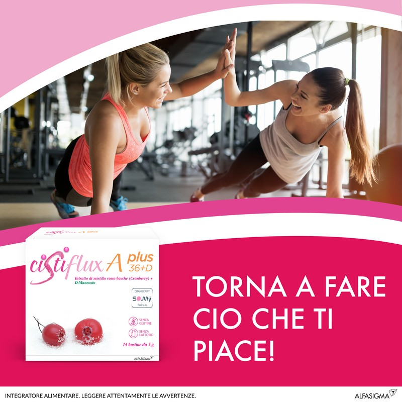 Cistiflux a Plus 36Ed, Integratore a Base di Estratto di Mirtillo Rosso, Cranberry Americano, e D-Mannosio, per Favorire Una Corretta Funzionalità delle Vie Urinarie, utile in caso di cistite, 14 Bustine, Gusto Frutti di Bosco