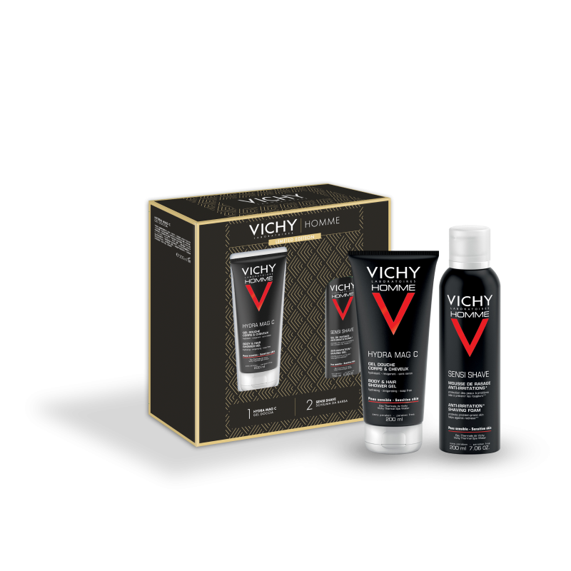 Vichy Cofanetto Regalo Natale Uomo Hydra Mag C Gel Doccia 200 ml + Sensi Shave Schiuma da Barba 20 ml