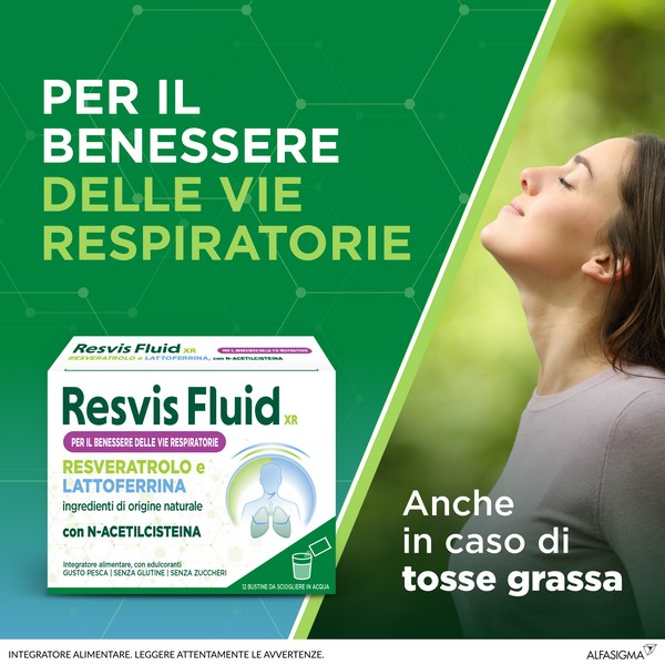 Resvis Fluid XR, Integratore Alimentare di Resveratrolo e Lattoferrina, utile per rinforzare le difese immunitarie e per il benessere delle vie respiratorie, fluidificante, con N-Acetilcisteina, Senza Glutine e Zuccheri, 12 Bustine, Gusto Pesca