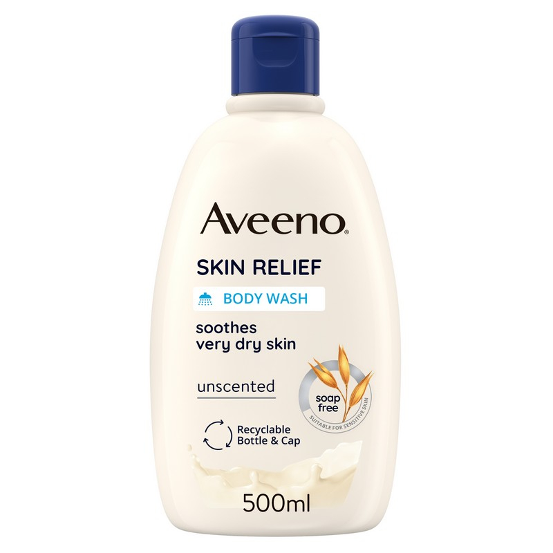 Aveeno Skin Relief Bagnodoccia Idratante per Pelle Molto Secca e Sensibile, Ipoallergenico, Bagnoschiuma Senza Profumo e Senza Sapone, Formula Vegana 500 ml