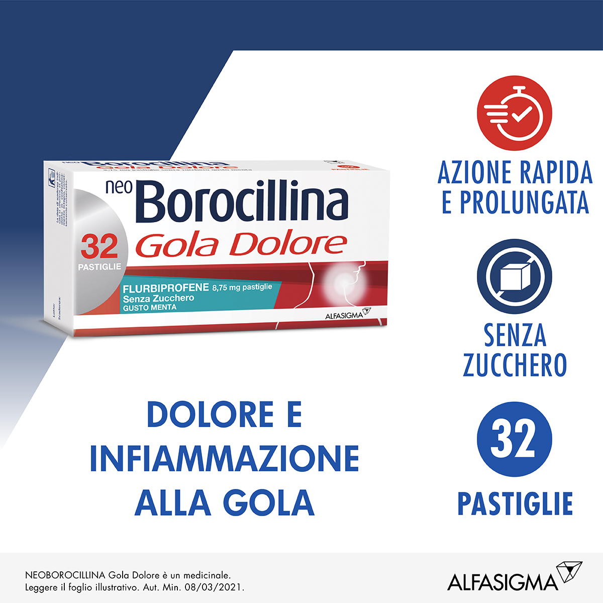 NeoBorocillina Gola Dolore 8,75mg Menta Senza Zucchero 32 Pastiglie