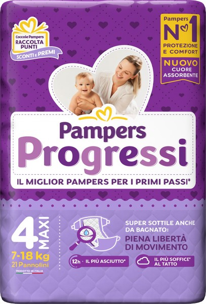 PAMPERS Progressi 21 Pannolini Taglia 4-MAXI Dai 7 ai 18kg