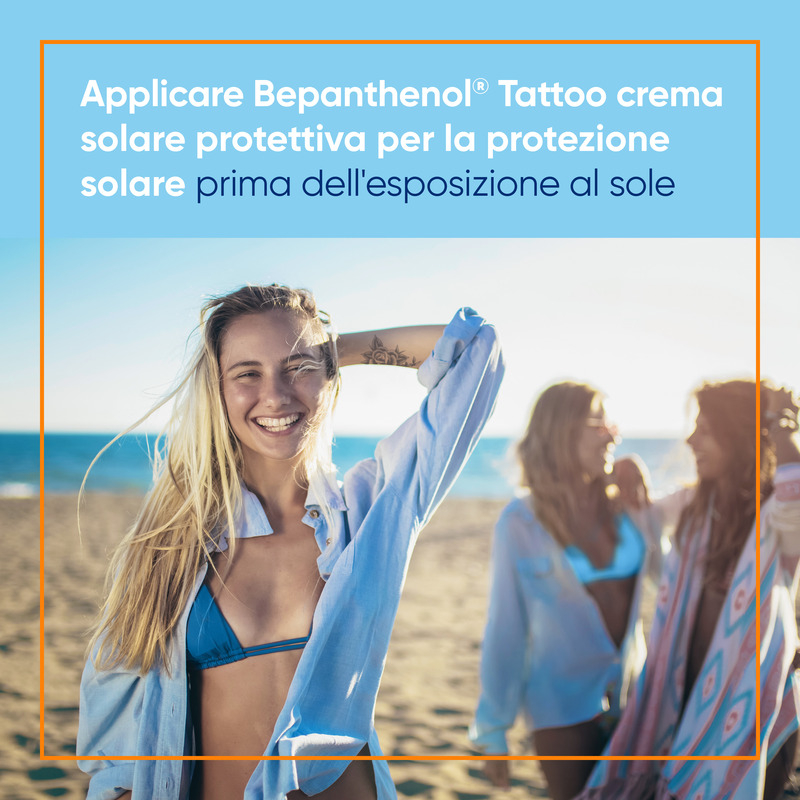 Bepanthenol Tattoo Crema Protezione Solare Molto Alta SPF50+ per Tatuaggio, con Pantenolo, Protegge, Idrata e Rigenera la Pelle Tatuata, 50ml