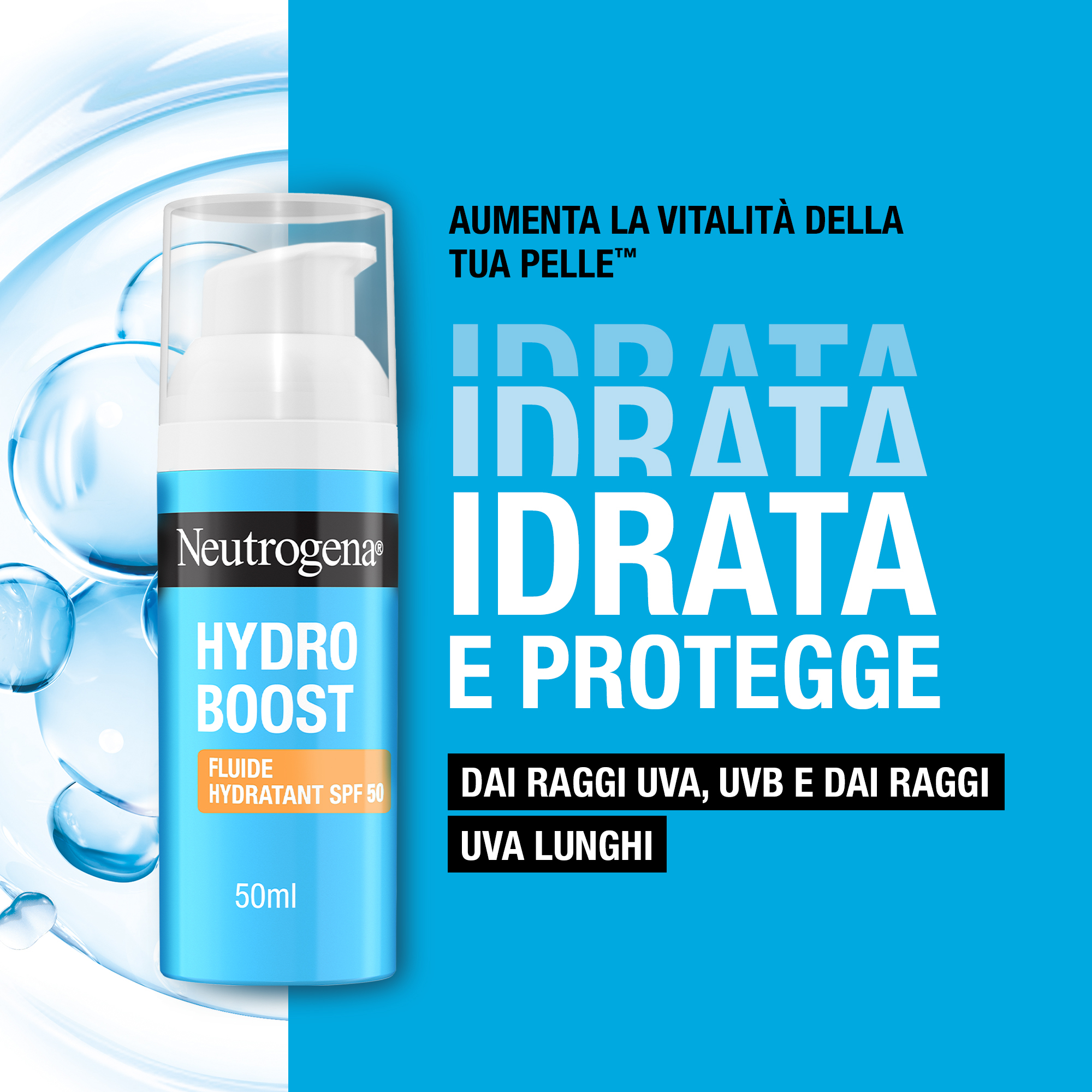Neutrogena Hydro Boost Fluido Idratante SPF 50 50 ml, Crema solare viso 50 contro i raggi UVA/UVB