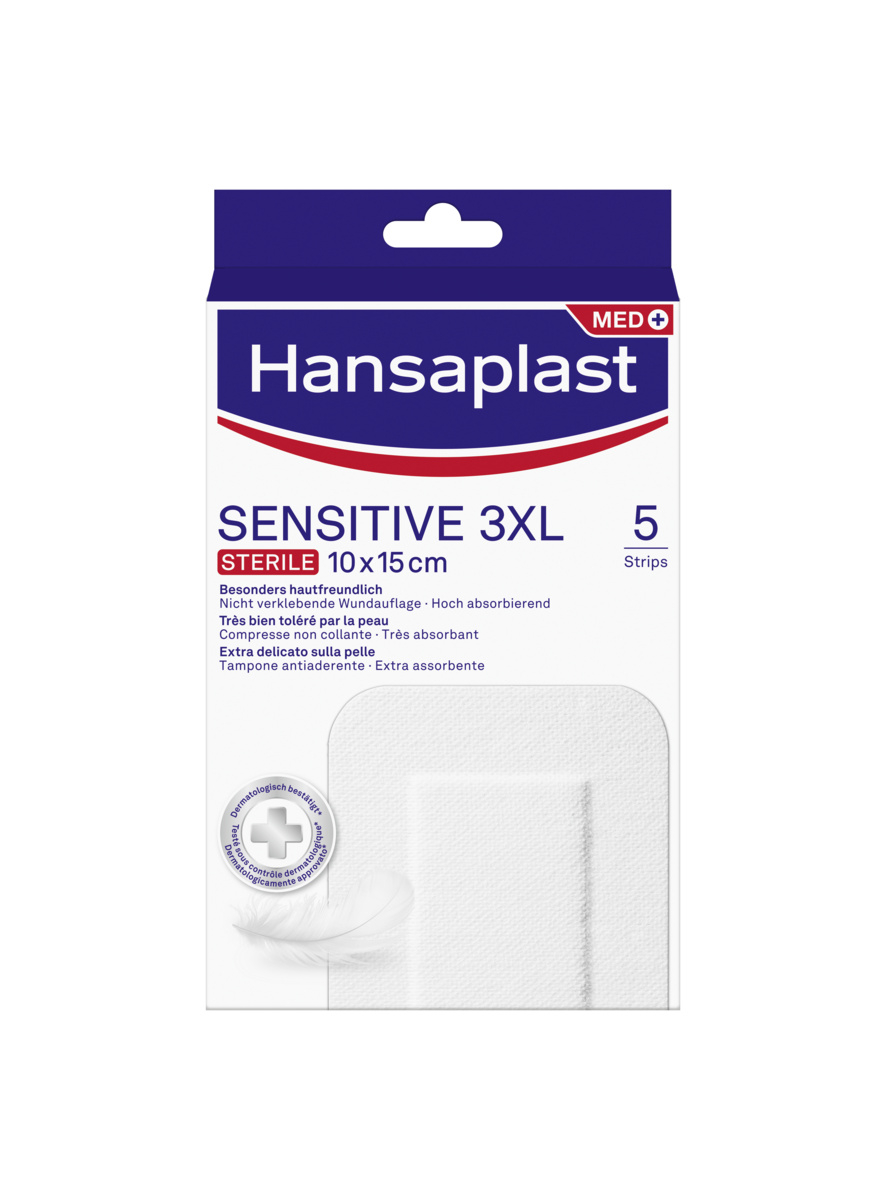 Hansaplast Cerotti Sensitive 3XL, Cerotti medicazione per ferite medio-grandi, 5 pezzi da 10 x 15 cm