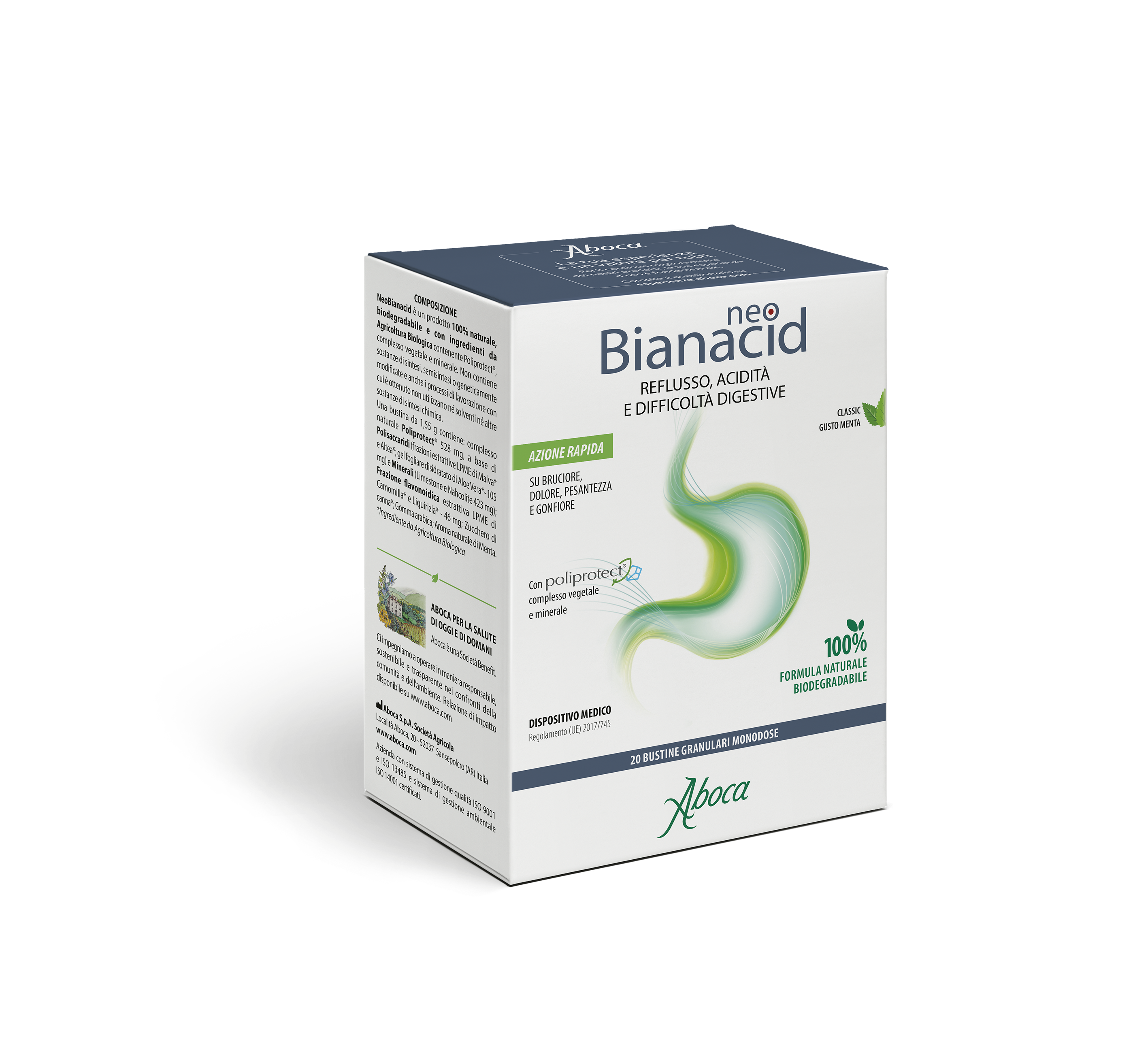 Aboca - NeoBianacid 20 Bustine Gusto Menta Per Reflusso, Acidità E Difficoltà Digestive - Dispositivo Medico Classe III