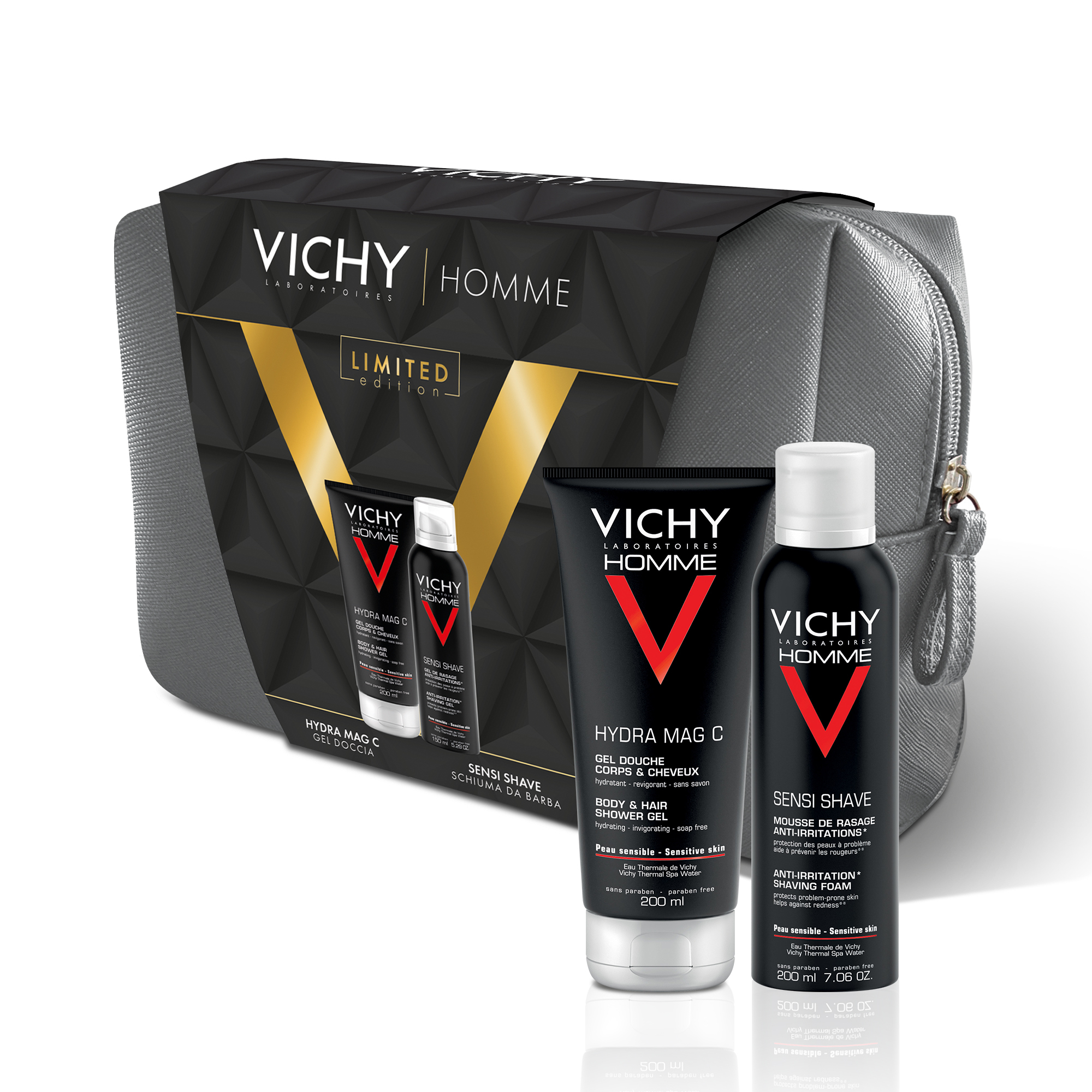 Vichy Pochette Regalo da Uomo per le esigenze specifiche della pelle maschile con Gel Doccia Hydra Mag C  200 ml + Schiuma Da Barba Sensi Shave  200 ml