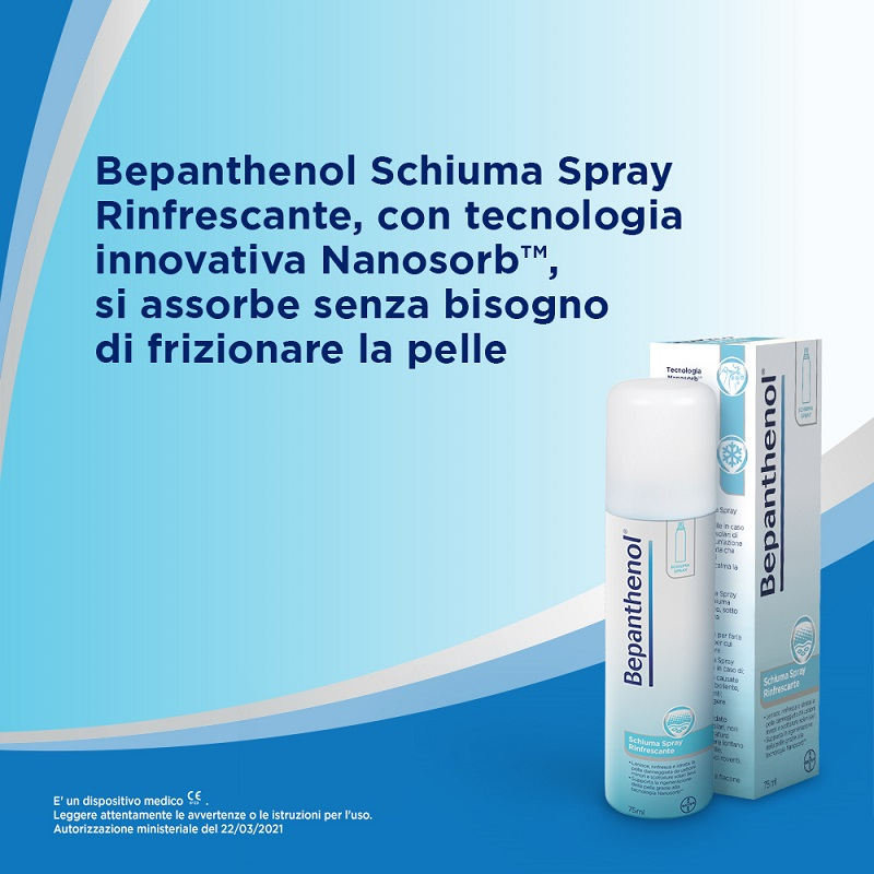 Bepanthenol Schiuma Spray, Trattamento Rinfrescante per Scottature e Ustioni minori, con Pantenolo, Senza Cortisone,  Calma e Idrata la Pelle Irritata, Flacone da 75 ml