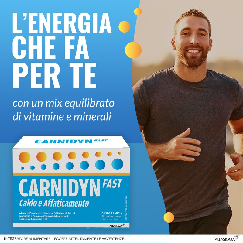 Carnidyn Fast Caldo e Affaticamento, integratore di Sali minerali, magnesio e potassio, zinco e selenio, con Carnitina, utile in caso di spossatezza da caldo o attività sportiva -  20 bustine
