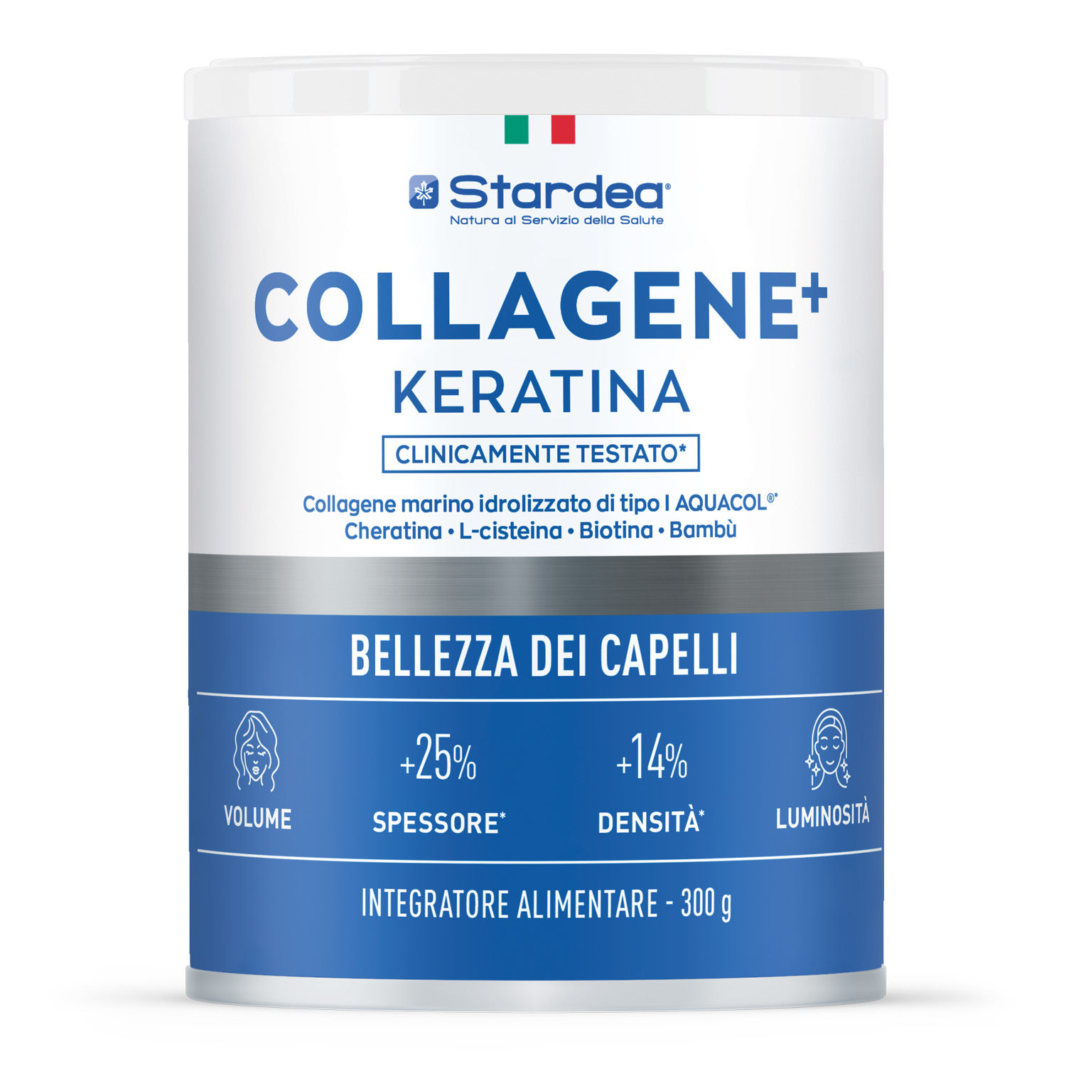 STARDEA COLLAGENE + KERATINA POLVERE - INTEGRATORE ALIMENTARE A BASE DI Collagene marino, Cheratina, Selenio, Rame e Zinco. Salute dei capelli - POLVERE 300 GR.