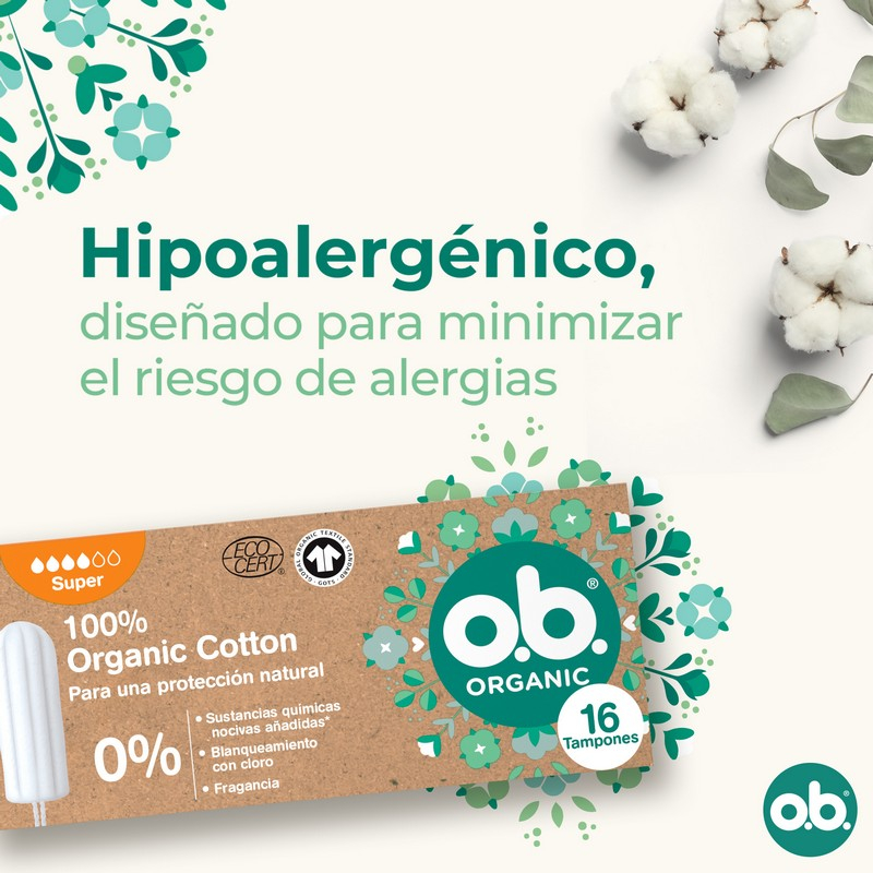 o.b. Assorbenti Interni, Organic Super, 100% Cottone Biologico, 16 Tamponi, color White