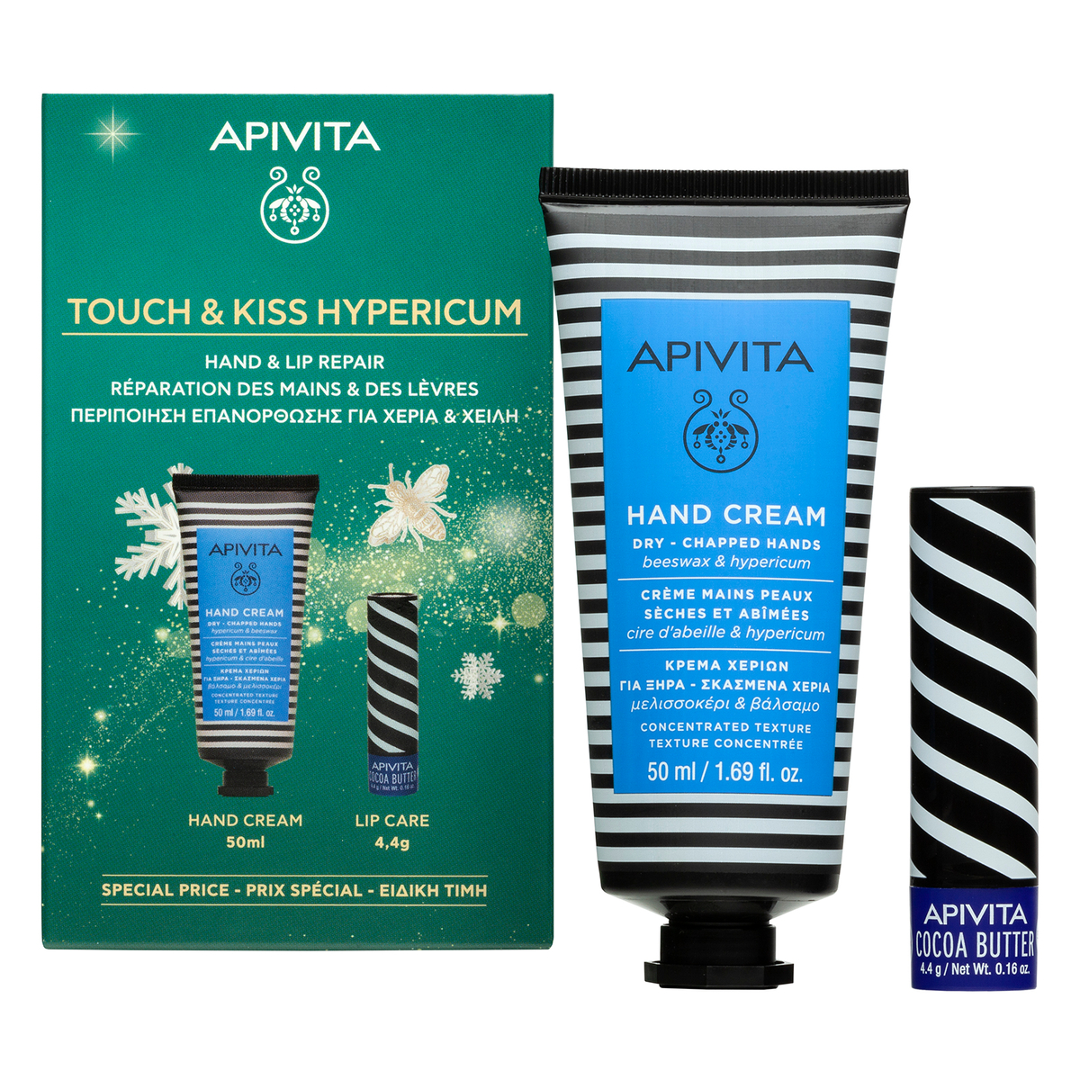 Apivita Touch & Kiss Hypericum Cofanetto Regalo - Crema Mani 50 ml + Balsamo Labbra SPF20 4,4 gr