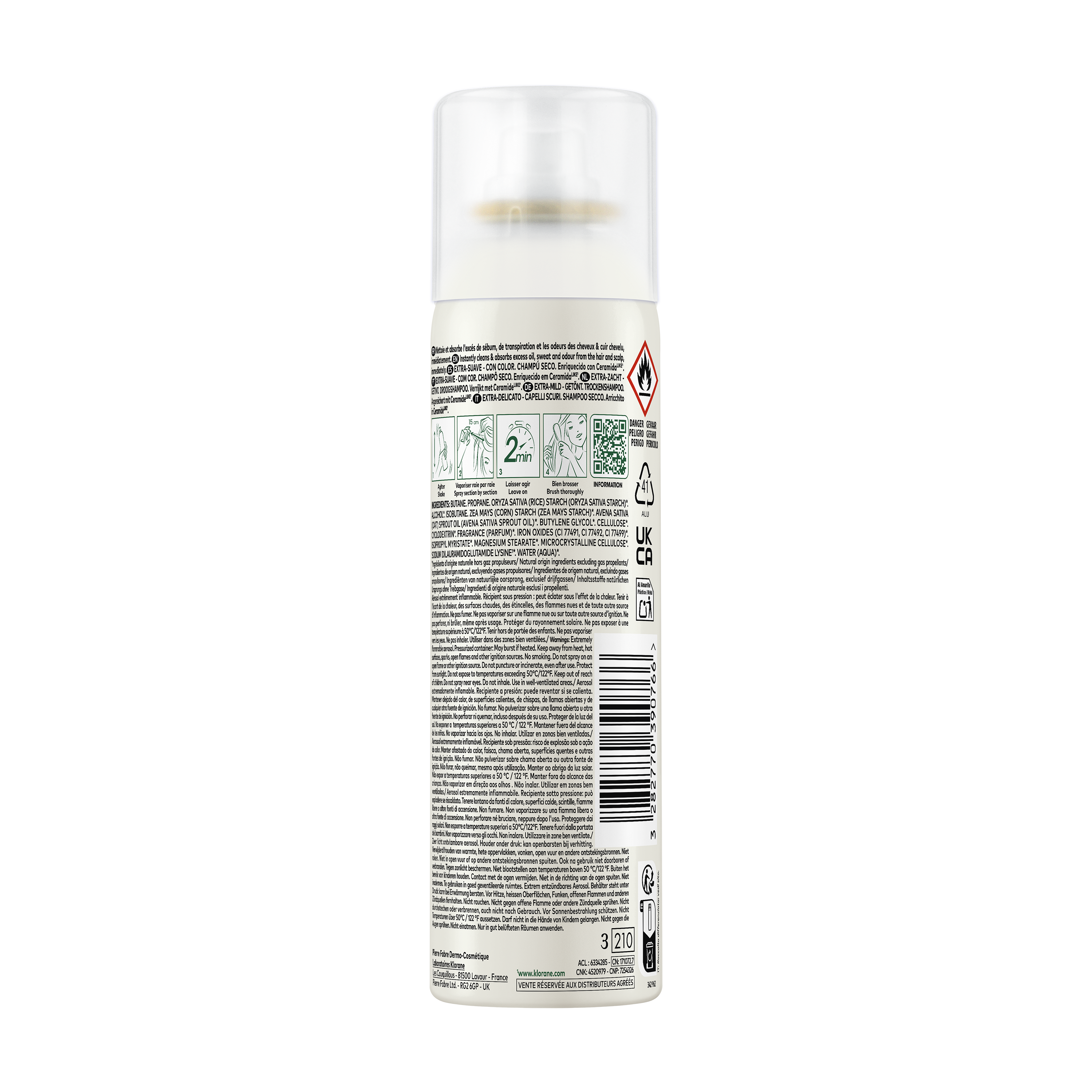 Klorane Shampoo Secco Extra-Delicato all'Avena & Ceramide Capelli Scuri 150ml