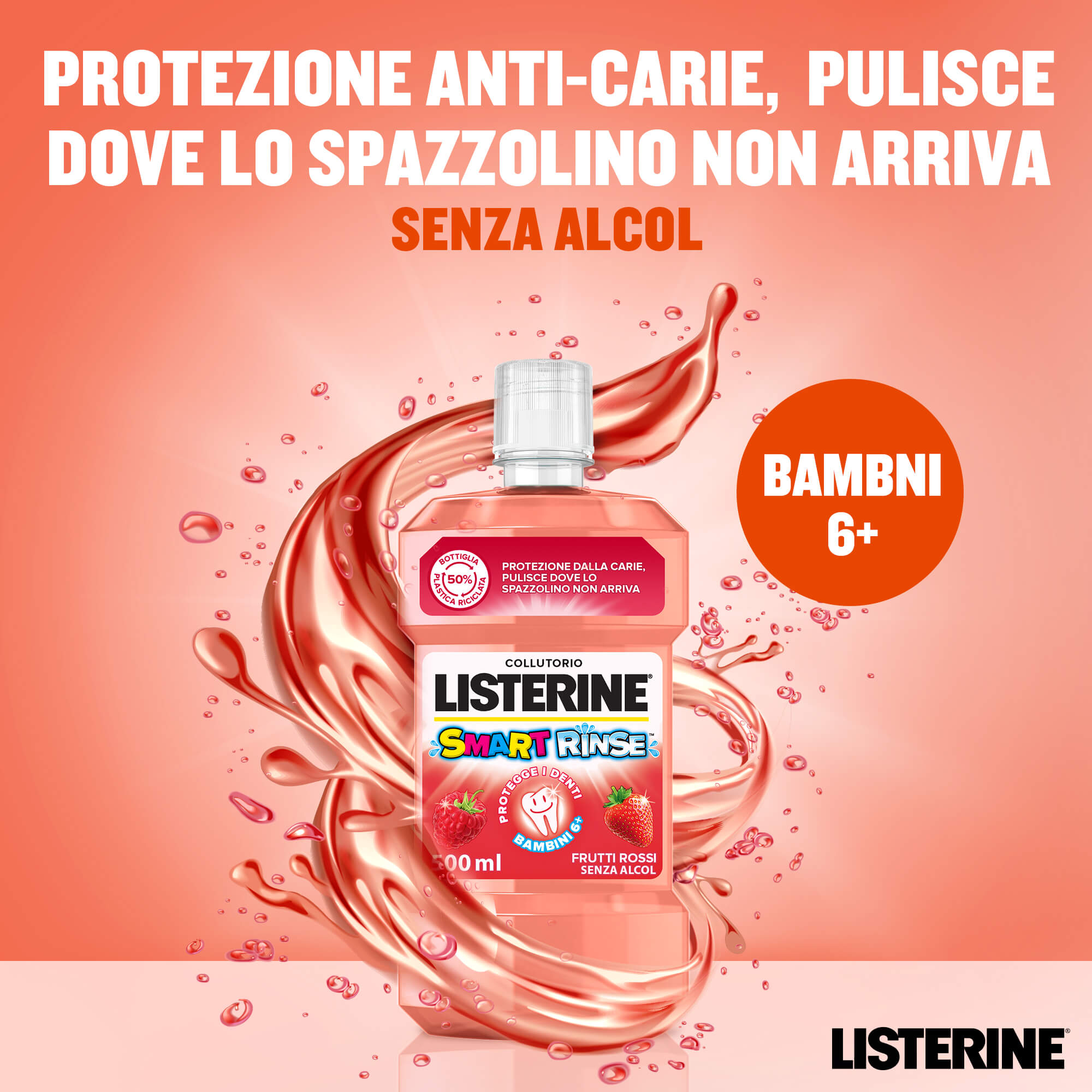 Listerine Collutorio Smart Rinse Bambini Protezione Carie 500 ml