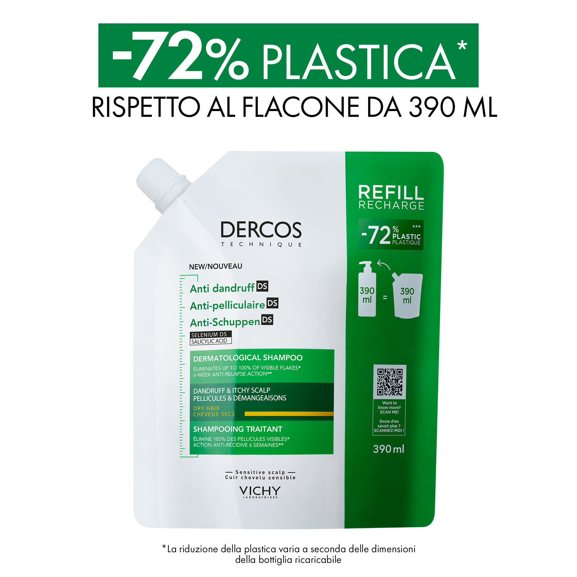 Vichy Dercos shampoo trattante antiforfora DS per capelli da normali a grassi eco ricarica 390ml