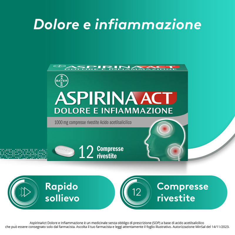Aspirina Act Dolore e Infiammazione, Antidolorifico e Antinfiammatorio contro Dolori Muscolari e Articolari, Cervicale, Mal di Testa, Mal di Schiena, 12 Compresse Rivestite