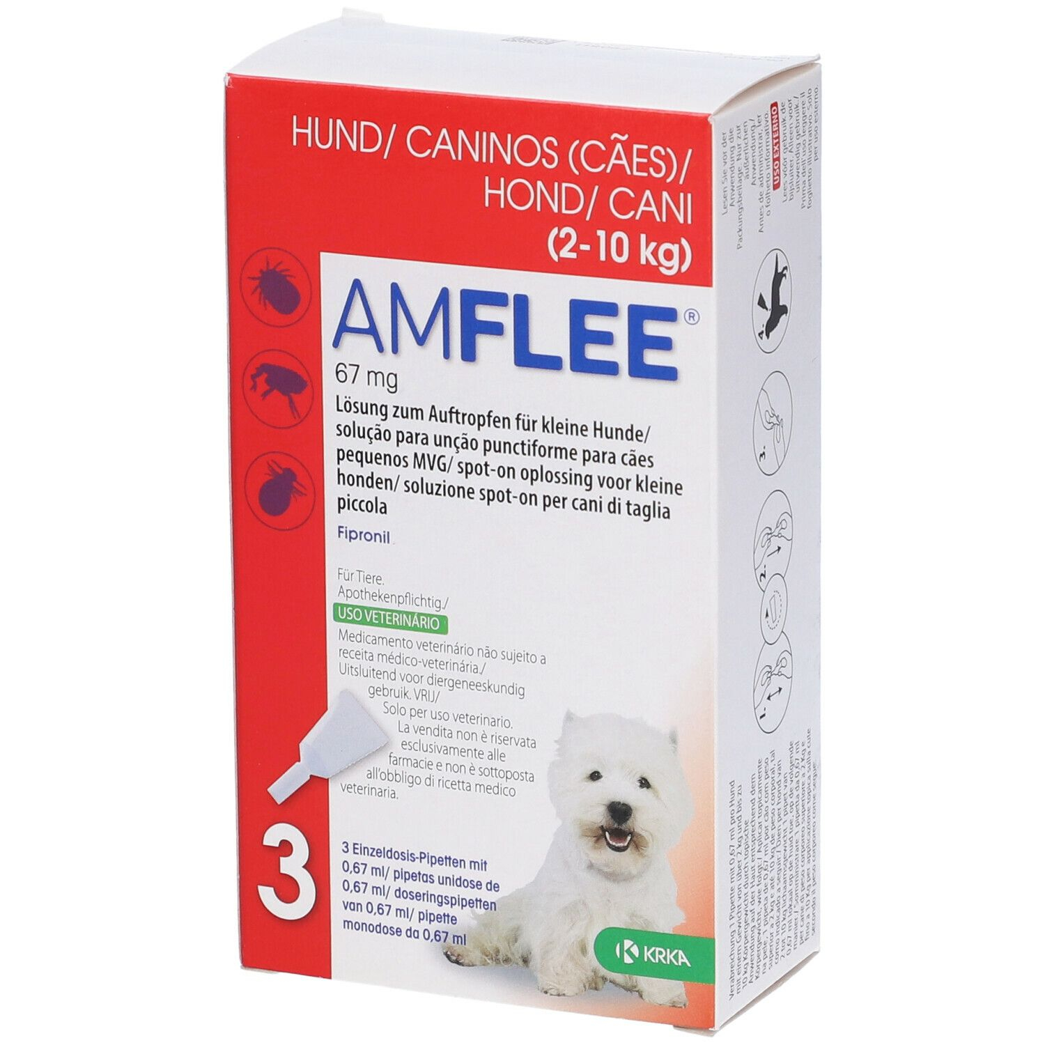 Amflee 0,67ml 67mg Spot-On Soluzione Antiparassitaria Per Cani Da 2 A 10kg 3 Pipette