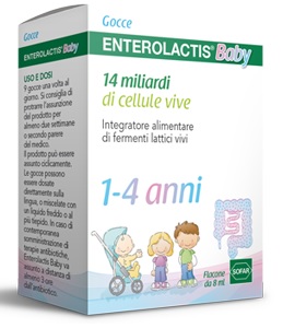 Enterolactis Baby Gocce, Integratore Alimentare con Fermenti lattici, probiotici L,Casei DG, 14 Miliardi Cellule Vive, Specifico per Bambini 1-4 anni, Flacone da 8ml