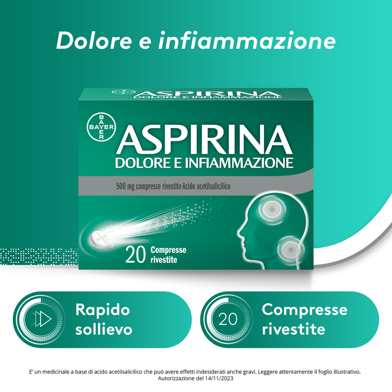 Aspirina Dolore e Infiammazione, Antidolorifico e Antinfiammatorio, contro Dolori Muscolari e Articolari, Cervicale, Mal di Testa, Mal di Schiena, 20 Compresse Rivestite
