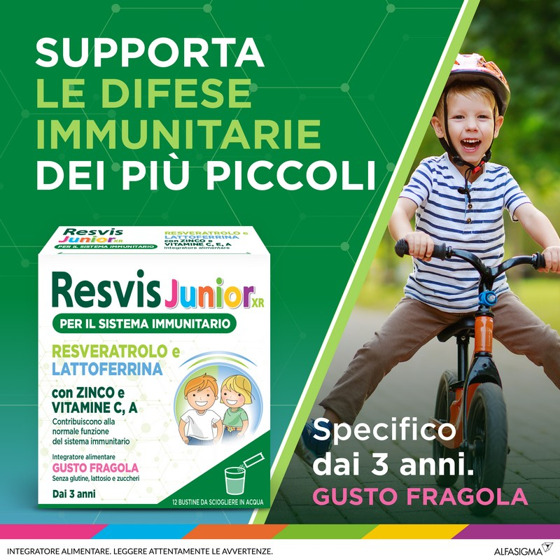 Resvis Junior Xr, Integratore Alimentare di Resveratrolo e Lattoferrina, per il Benessere del Sistema Immunitario, utile per le difese immunitarie dei bambini dai 3 Anni, Senza Glutine, Lattosio e Zuccheri, 12 Bustine , Gusto Fragola
