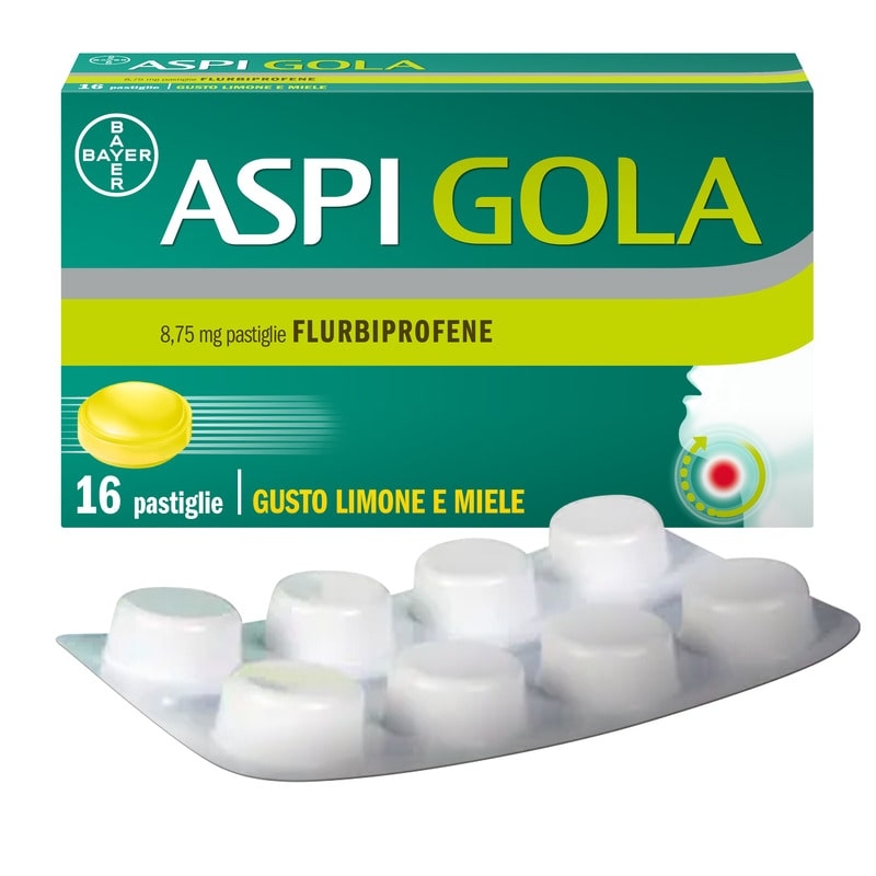 Aspi Gola Pastiglie per la gola infiammata, con 8,75 mg di Flurbiprofene, contro Faringite e Mal di gola, Gusto Limone e Miele 16 Pastiglie Orosolubili