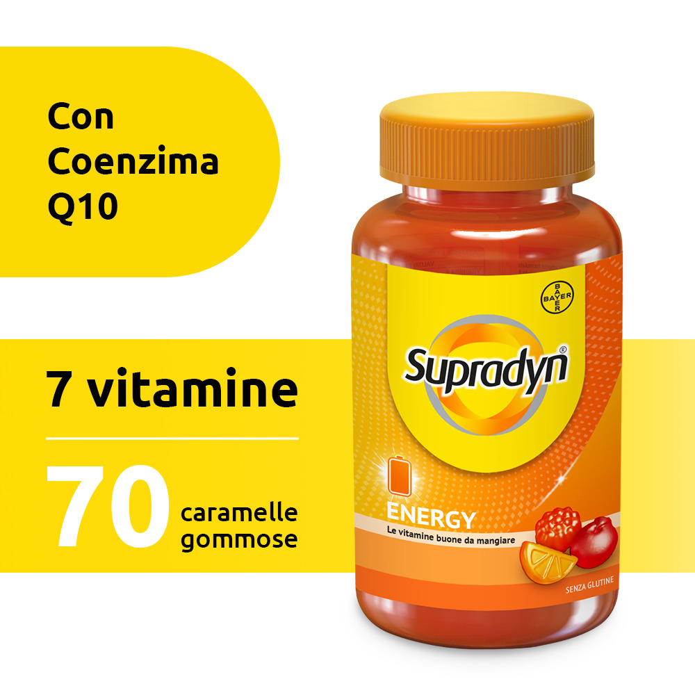 Supradyn Energy Integratore Multivitaminico con Vitamine A, B, C, D, E e Coenzima Q10  contro la Stanchezza, Gusto Ciliegia, Lampone e Arancia, 70 Caramelle Gommose