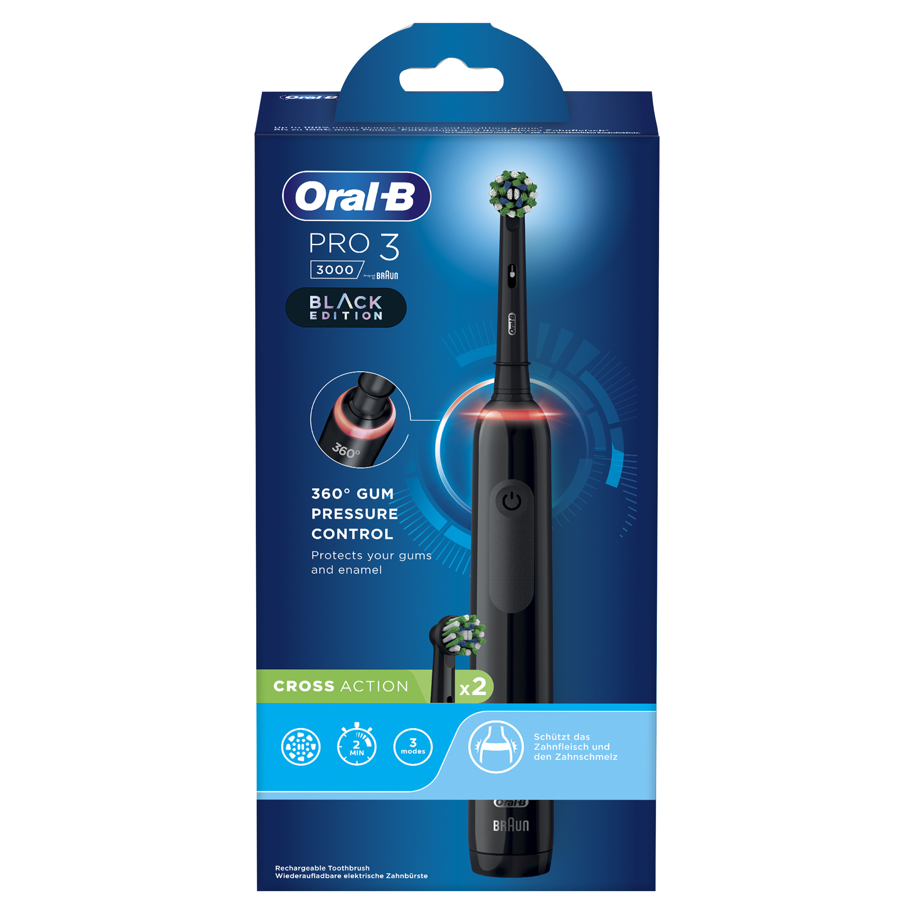 Oral-B Spazzolino Elettrico Ricaricabile Nero Pro3 3000, 2 Testine, 1 Spazzolino