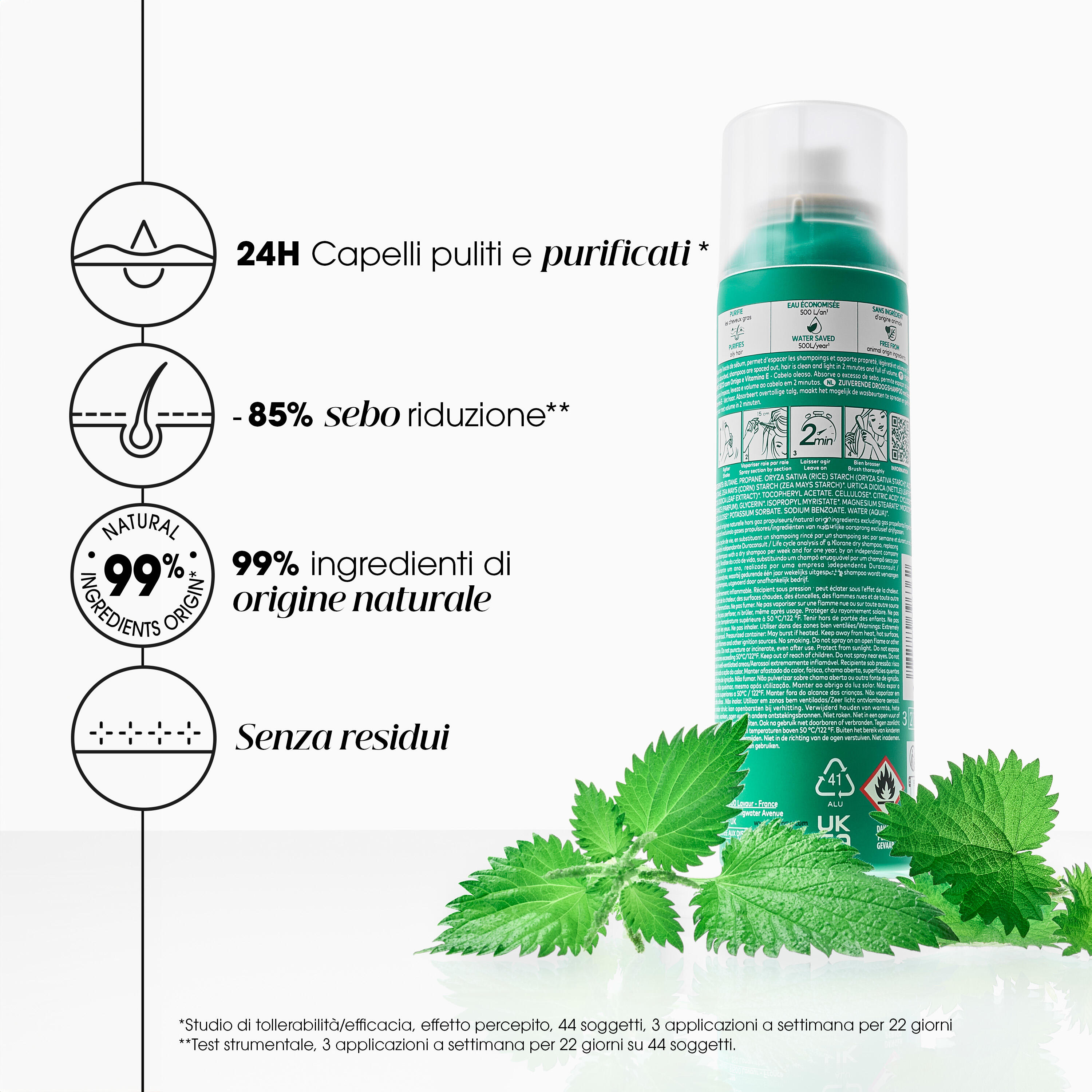 Klorane - Shampoo Secco Purificante All'Ortica & Vitamina E Per Capelli Grassi 150 ml 