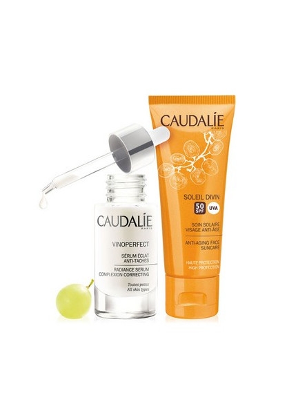 Caudalie Vinoperfect siero illuminante anti-macchie 30ml COFANETTO PROMO CON Solare Viso Anti-Rughe SPF50 in regalo