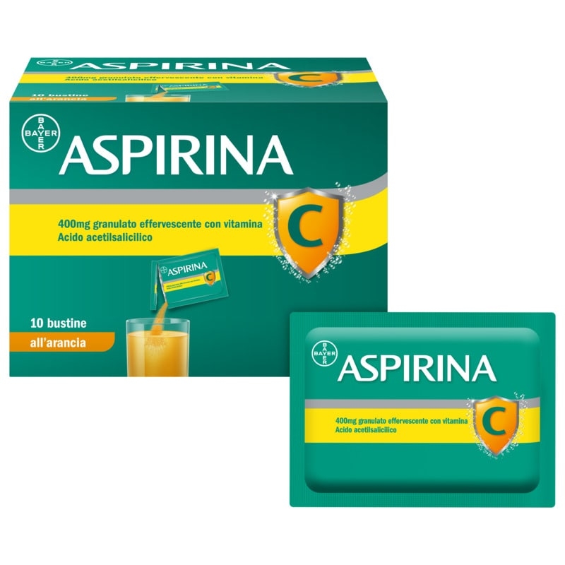 Aspirina C, contro sintomi di Raffreddore, Influenza e Febbre, 400 mg di Acido Acetilsalicilico + 240 mg di Vitamina C, antinfiammatorio e analgesico, Gusto Arancia, 10 Bustine