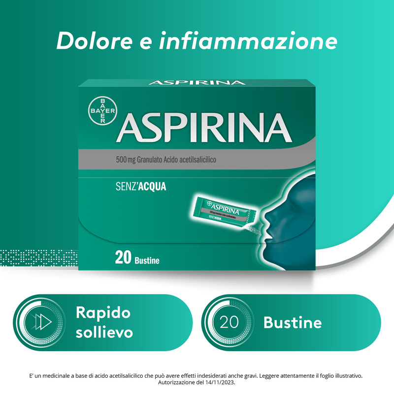 Aspirina in Granuli Senza Acqua, Antidolorifico e Antinfiammatorio contro Mal di Testa, Dolore e Infiammazione,  Aroma Cola, 20 Buste orosolubili
