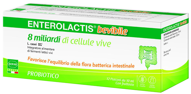 Enterolactis Bevibile, Integratore Alimentare con Fermenti lattici, probiotici L,Casei DG, 8 Miliardi Cellule Vive, Senza Glutine e Lattosio, 12 Flaconcini da 10ml, Gusto Fragola