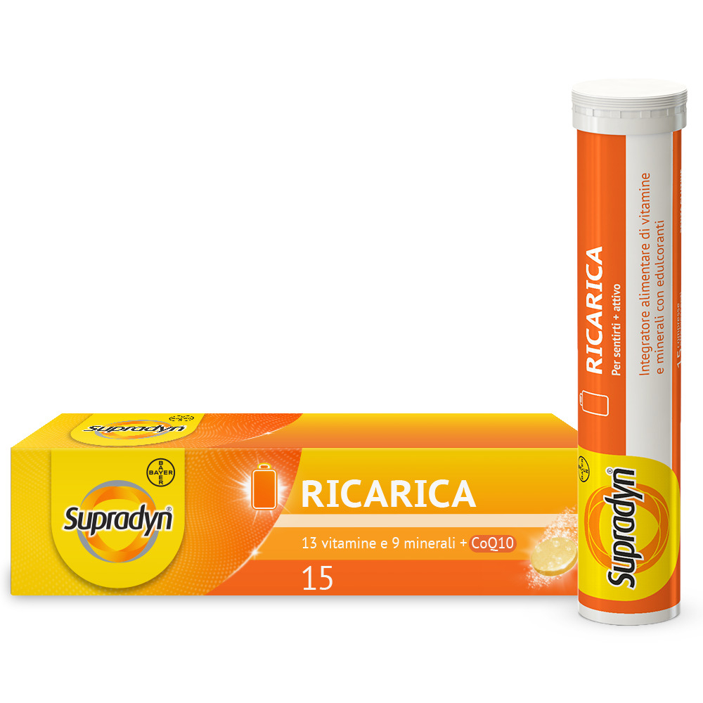 Supradyn Ricarica Integratore Multivitaminico Completo con Vitamine A, B, C, D, E, K, Minerali e Coenzima Q10 contro la Stanchezza, Gusto Arancia, 15 Compresse Effervescenti Rivestite