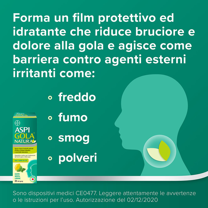 Aspi Gola Natura Spray, con estratti naturali di Aloe, Acido Ialuronico e Lichene Islandico, contro Mal di Gola e Tosse associata, Gusto Menta e Limone, Flacone da 20ml