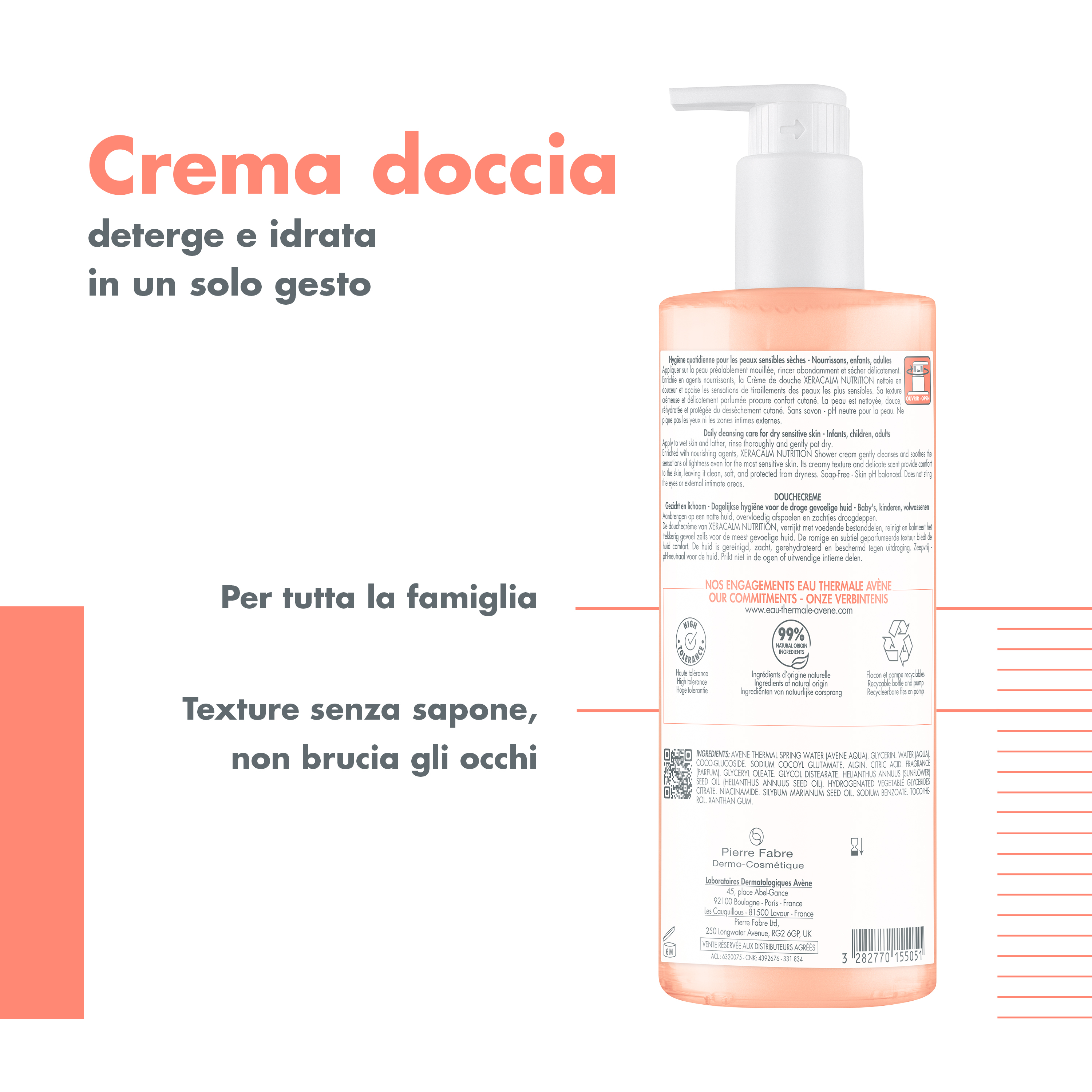 Eau Thermale Avène Xeracalm Nutrition Doccia Crema, Deterge e Idrata, Pelle sensibile da secca a molto secca per tutta la famiglia, 500ml 