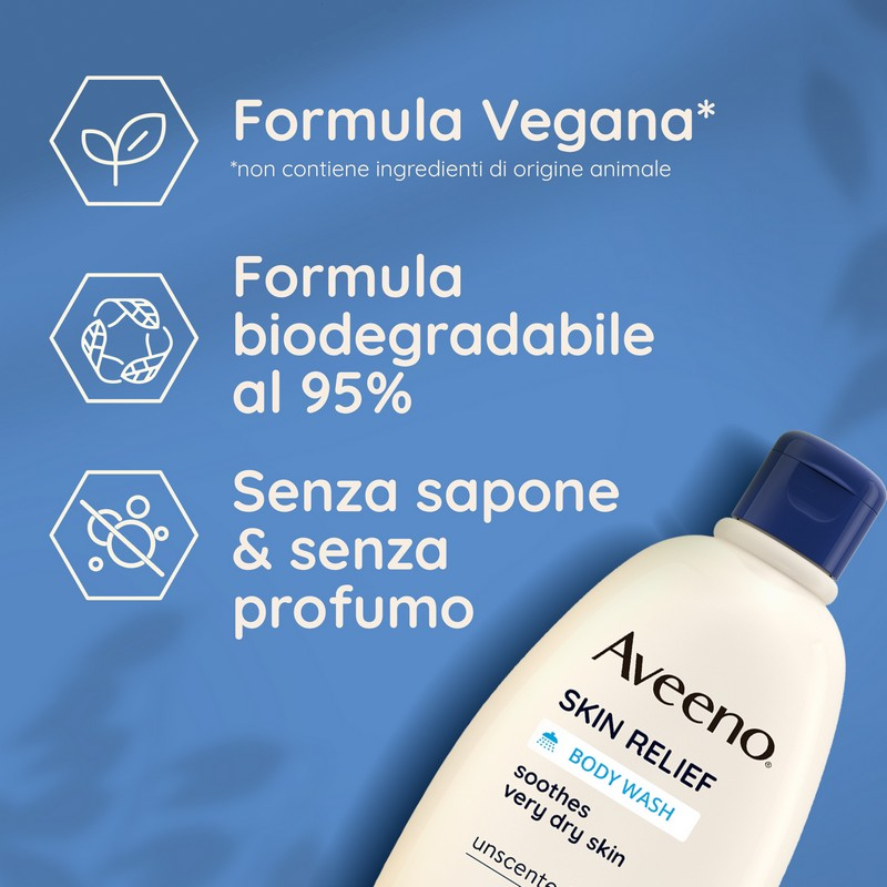 Aveeno Skin Relief Bagnodoccia Idratante per Pelle Molto Secca e Sensibile, Ipoallergenico, Bagnoschiuma Senza Profumo e Senza Sapone, Formula Vegana 500 ml