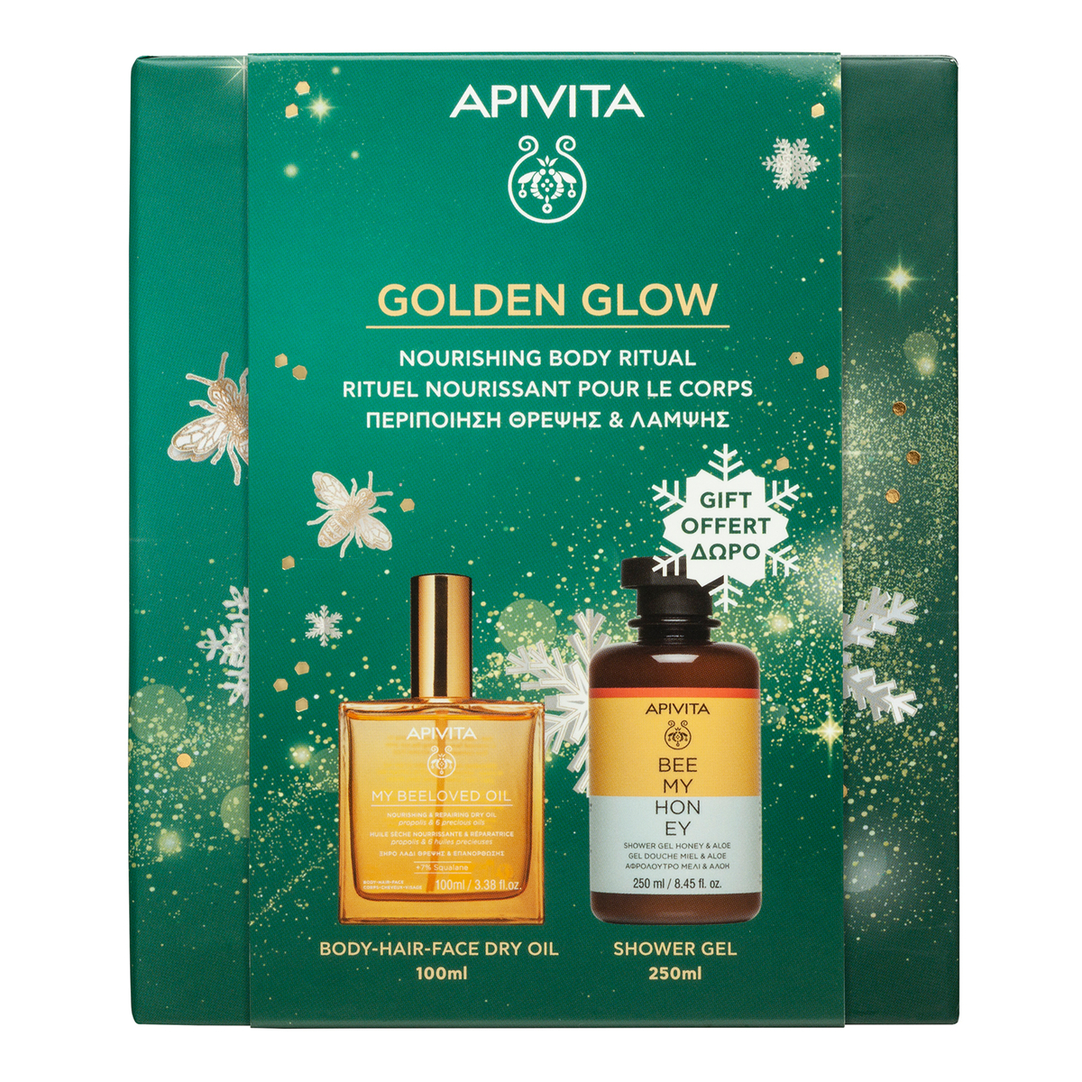 Apivita Golden Glow Cofanetto Regalo - Olio Secco Nutriente Corpo E Capelli 100 ml + Gel Doccia 250 ml