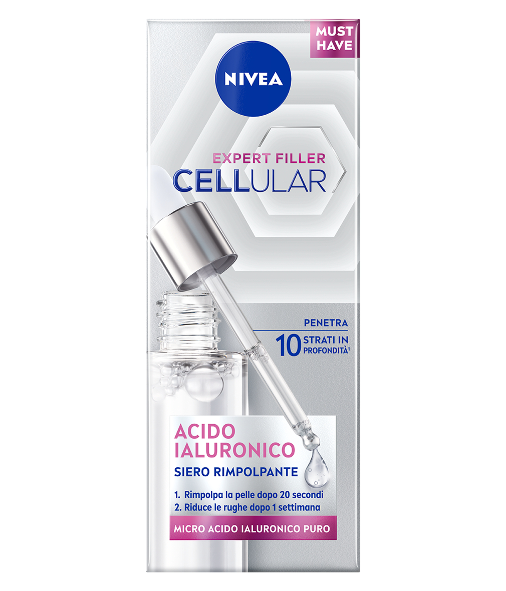 Nivea Cellular Expert Filler Booster di Acido Ialuronico 30 ml, Siero viso antirughe rassodante